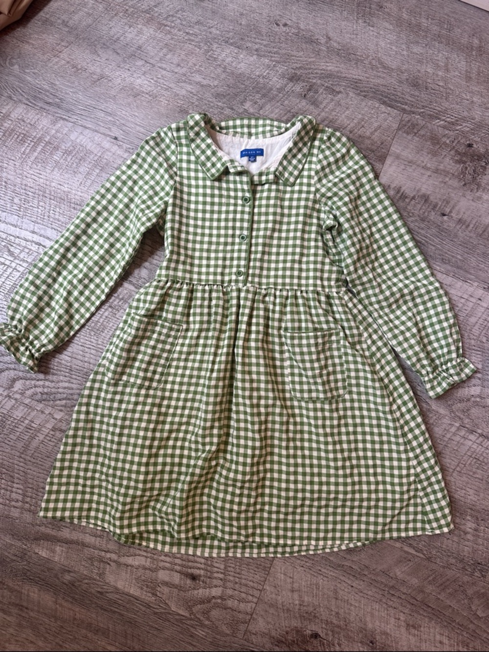 Green Gingham Button-Front Kids Dress with Collar